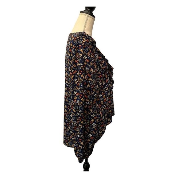 Mazik Large Floral Print Navy Ruffle Blouse Peasant Long Sleeve  Boho Hi Low - Picture 4 of 9